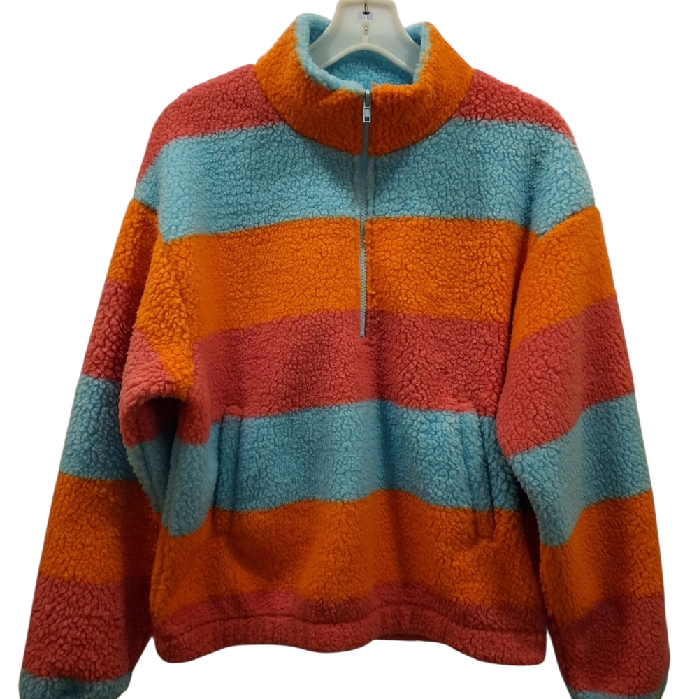 "Timing" Orange and Blue 1/2 Zip Raised Collar Teddy Sweater Sz.Small NWT....